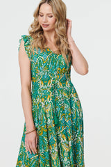 Leaf Print Frilled Sleeveless Midi Dress