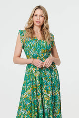 Leaf Print Frilled Sleeveless Midi Dress