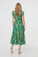 Leaf Print Frilled Sleeveless Midi Dress
