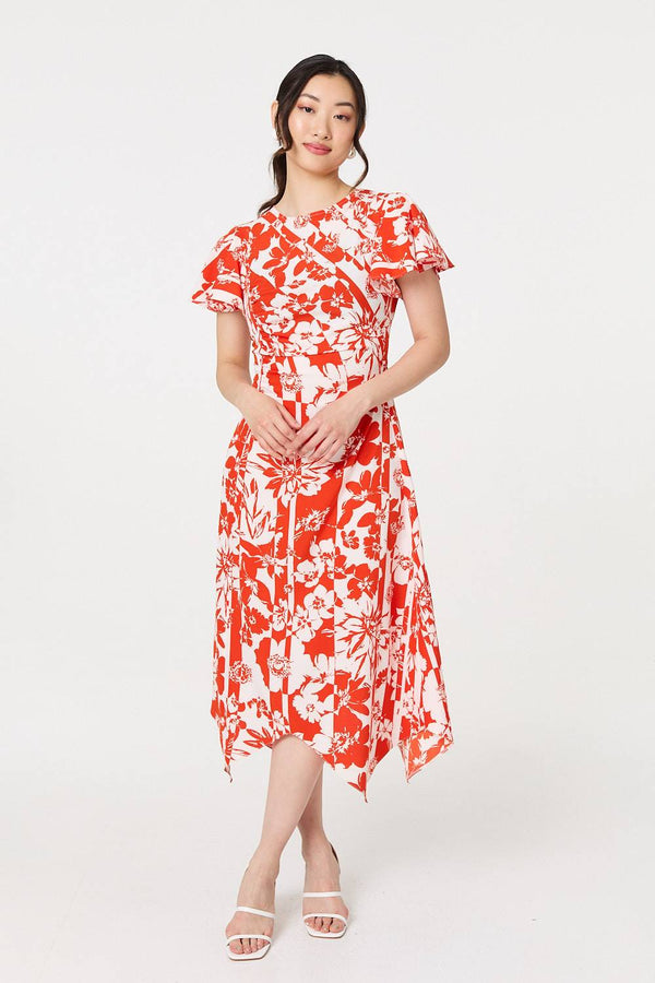 Floral Hanky Hem Short Sleeve Midi Dress