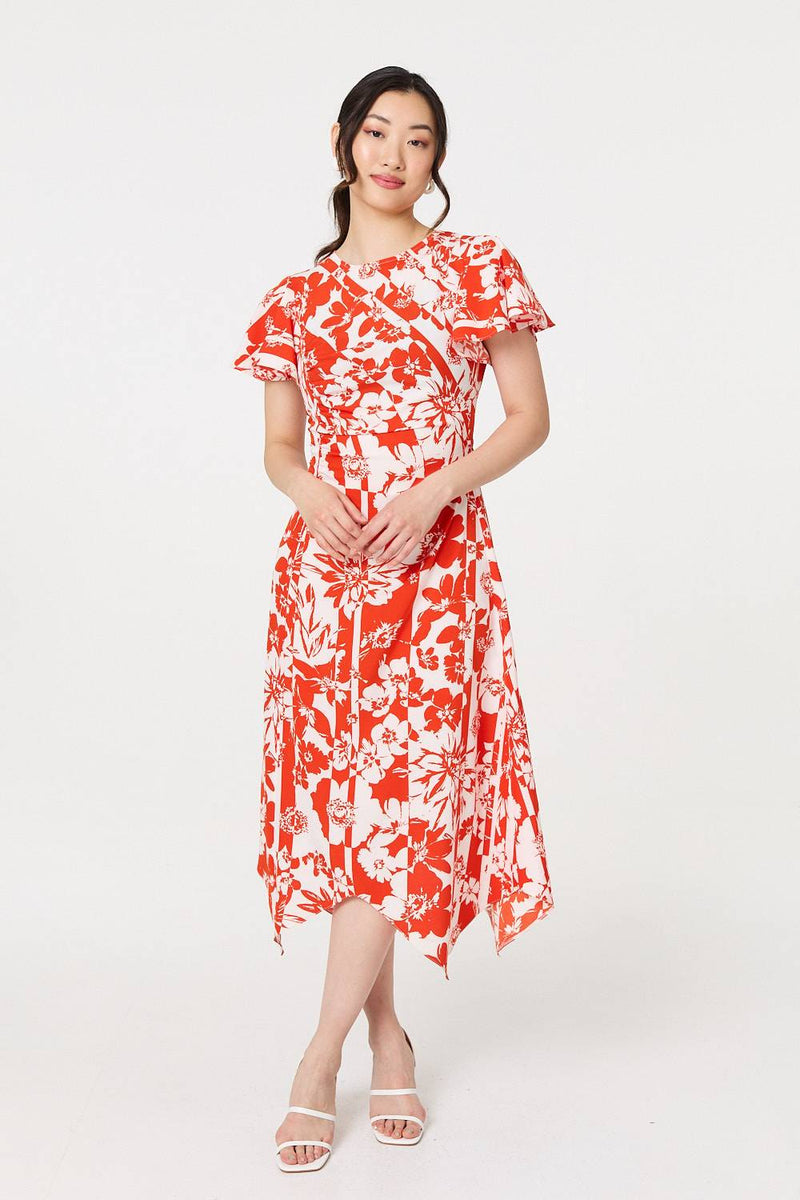 Floral Hanky Hem Short Sleeve Midi Dress