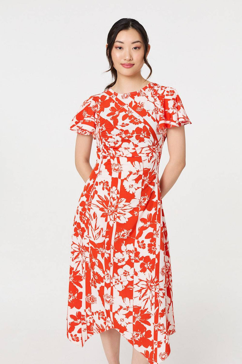 Floral Hanky Hem Short Sleeve Midi Dress