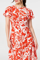 Floral Hanky Hem Short Sleeve Midi Dress