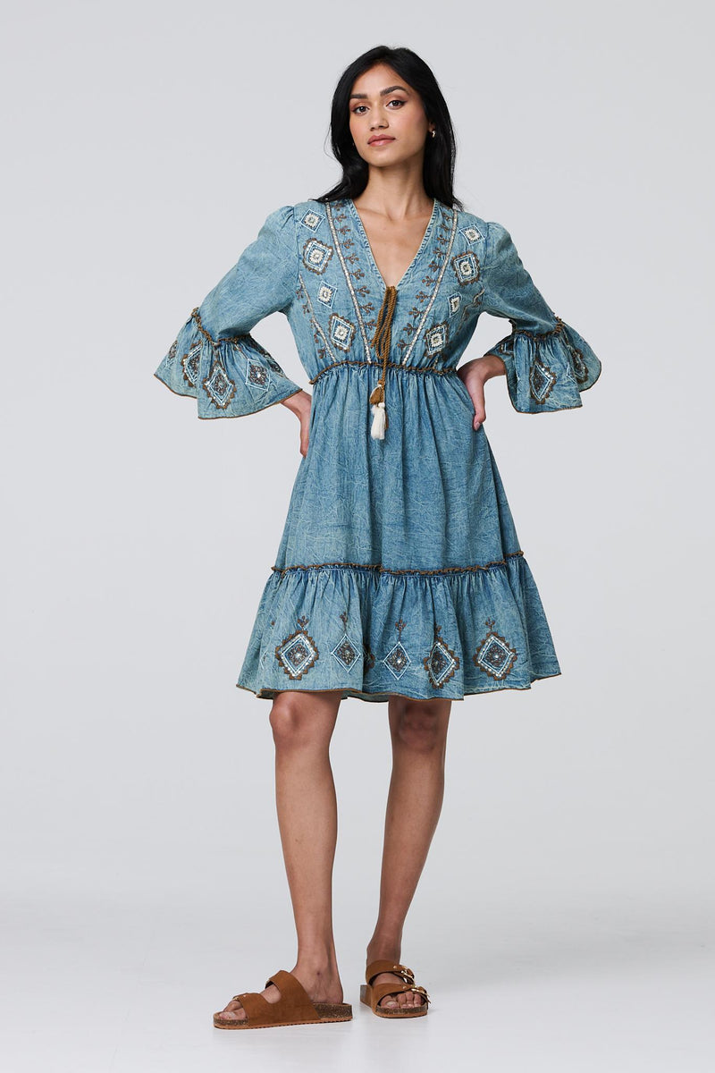 Embroidered Tassel Detail Knee Length Dress