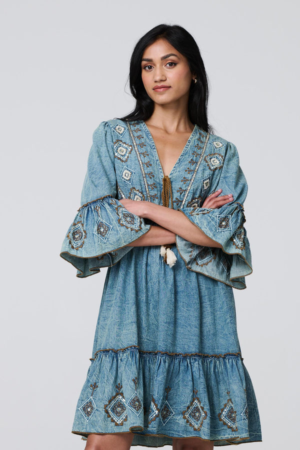 Embroidered Tassel Detail Knee Length Dress