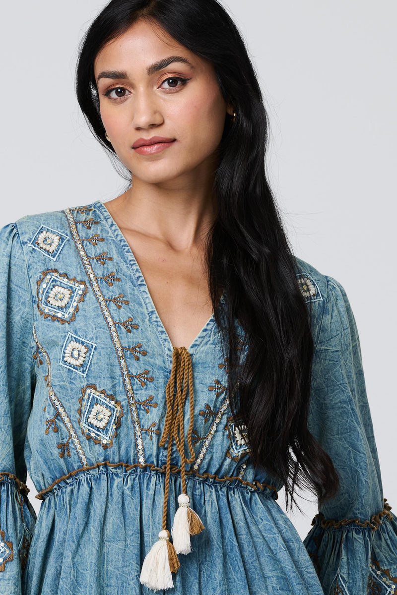 Embroidered Tassel Detail Knee Length Dress