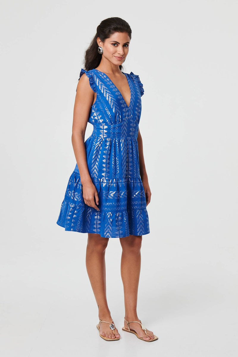 Metallic Cap Sleeve Short Skater Dress