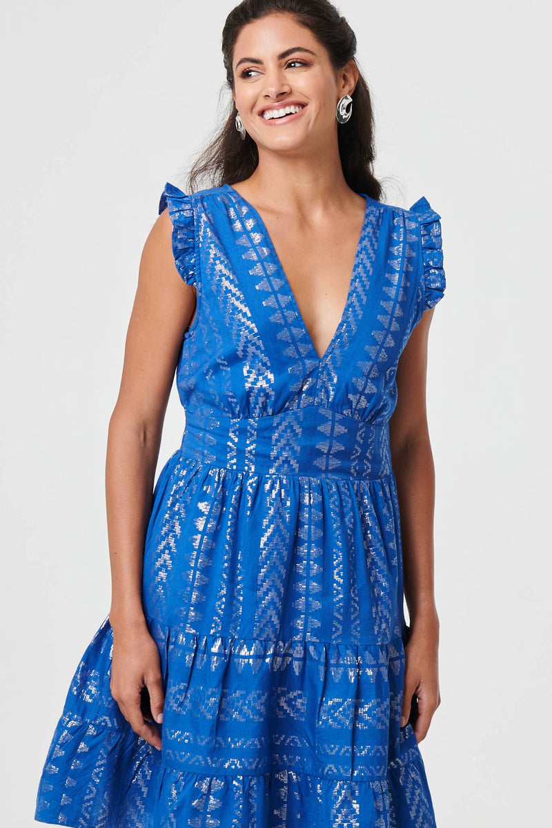 Metallic Cap Sleeve Short Skater Dress