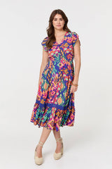 Ikat Print Lace Trim Midi Smock Dress