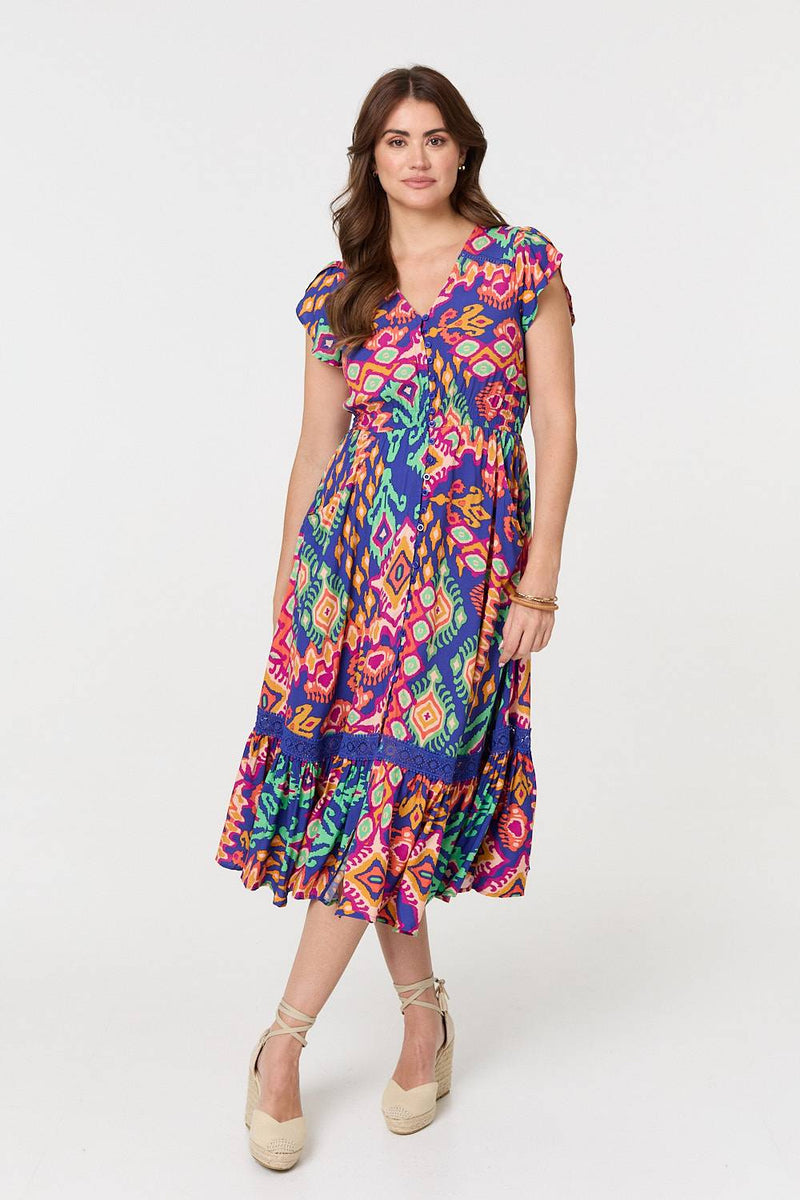 Ikat Print Lace Trim Midi Smock Dress
