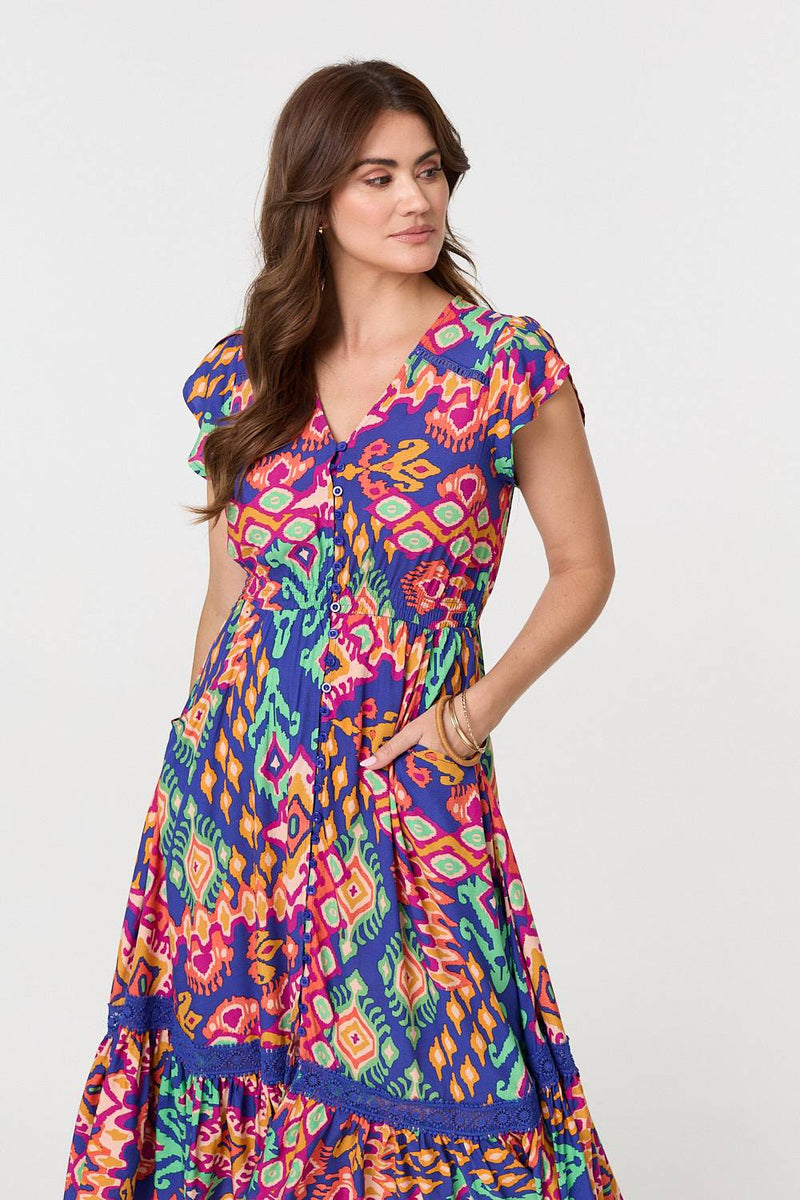 Ikat Print Lace Trim Midi Smock Dress