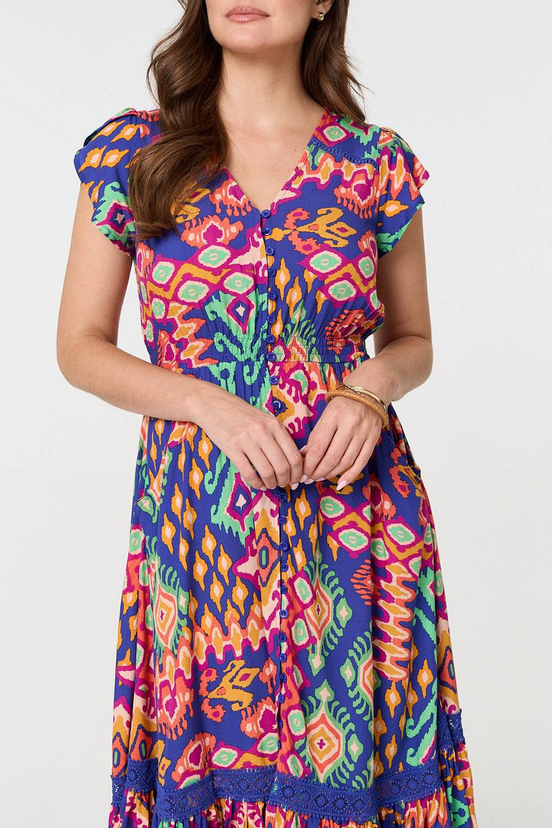 Ikat Print Lace Trim Midi Smock Dress