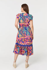 Ikat Print Lace Trim Midi Smock Dress