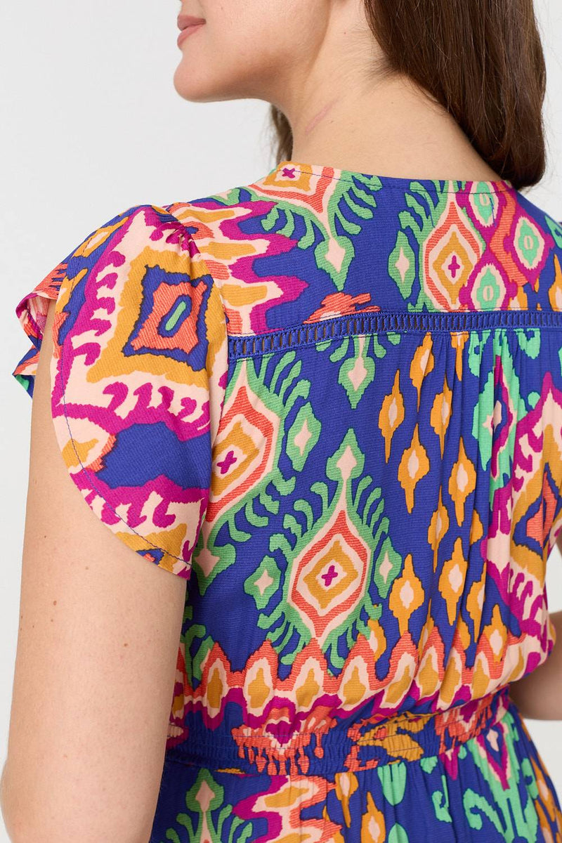 Ikat Print Lace Trim Midi Smock Dress