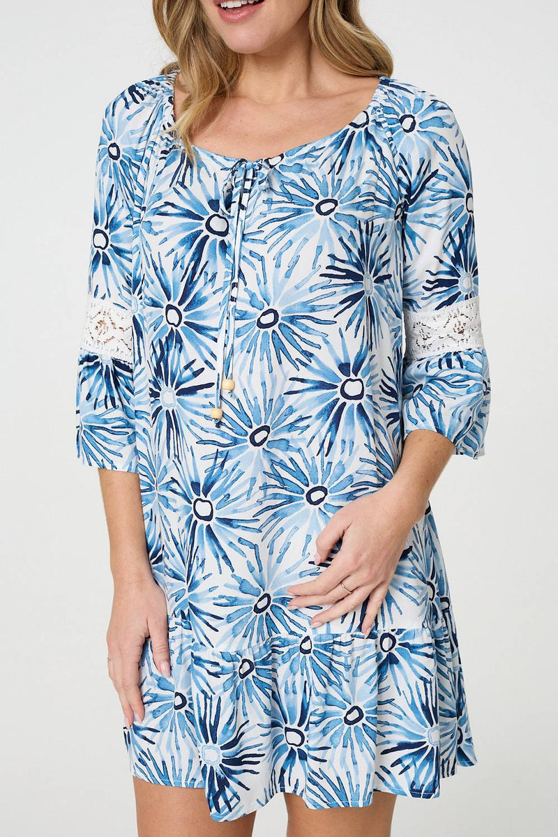 Floral Lace 3/4 Sleeve Short Shift Dress