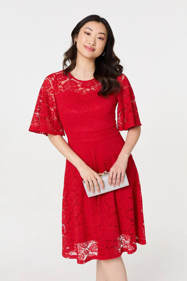Lace Overlay Knee Length Skater Dress