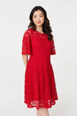 Lace Overlay Knee Length Skater Dress