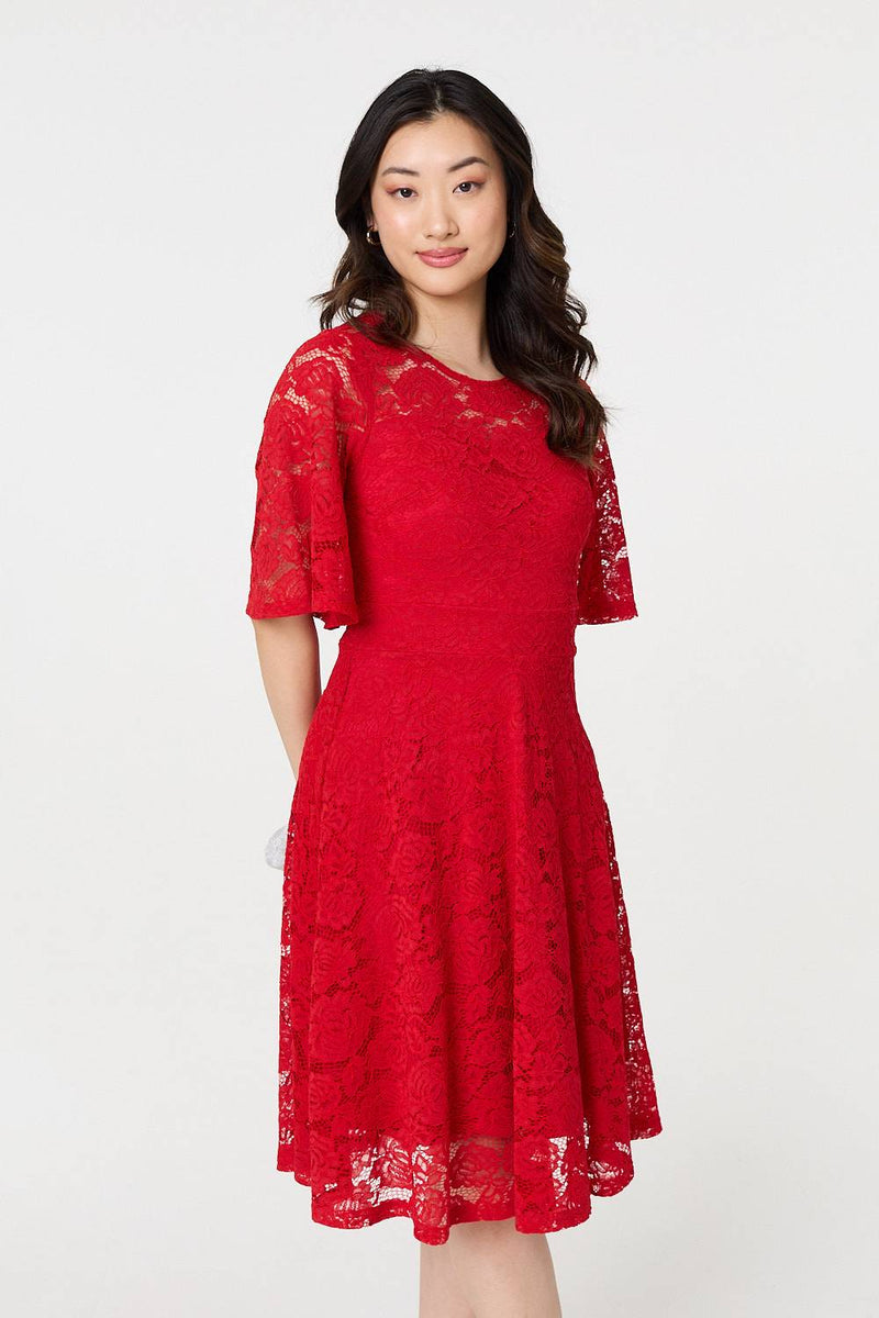 Lace Overlay Knee Length Skater Dress