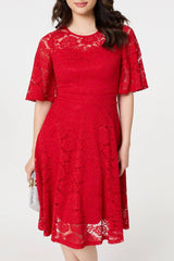 Lace Overlay Knee Length Skater Dress