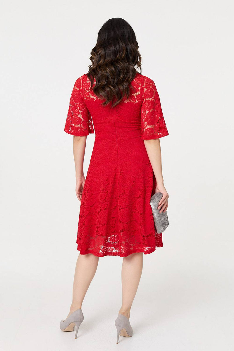 Lace Overlay Knee Length Skater Dress