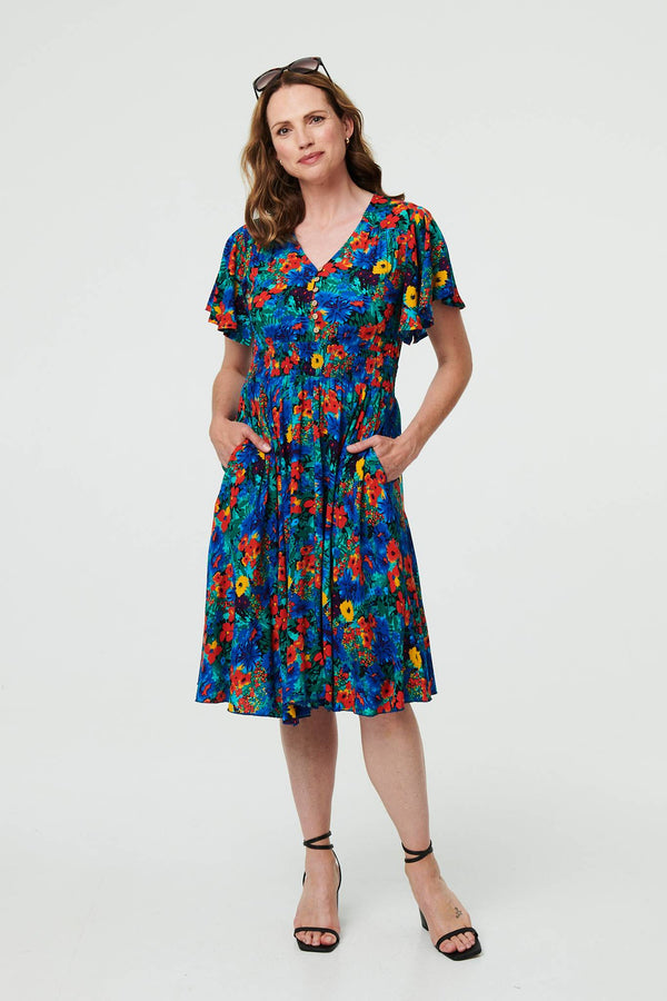 Floral Shirred Short Sleeve Midi Dress