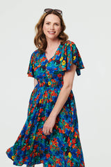 Floral Shirred Short Sleeve Midi Dress