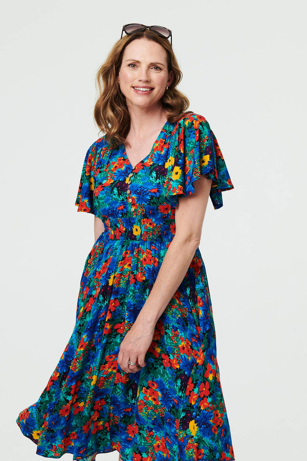 Floral Shirred Short Sleeve Midi Dress
