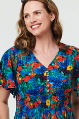 Floral Shirred Short Sleeve Midi Dress