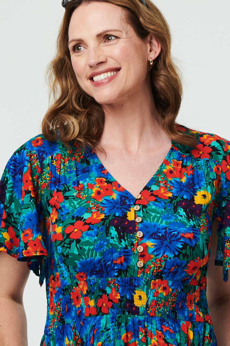 Floral Shirred Short Sleeve Midi Dress