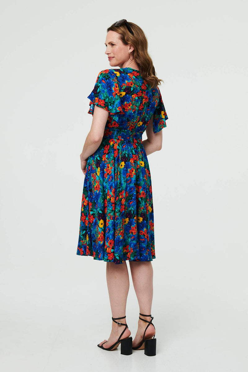 Floral Shirred Short Sleeve Midi Dress