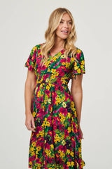Floral Shirred Short Sleeve Midi Dress