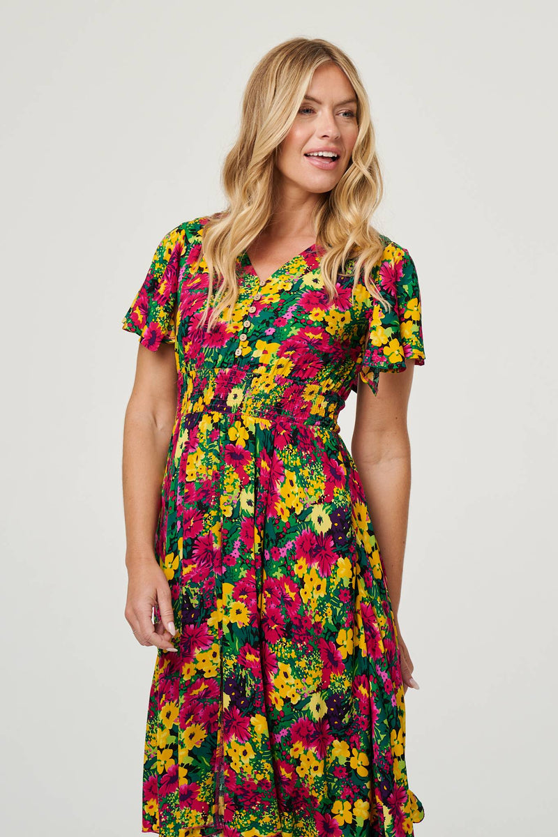 Floral Shirred Short Sleeve Midi Dress