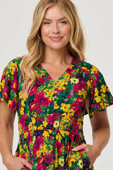 Floral Shirred Short Sleeve Midi Dress