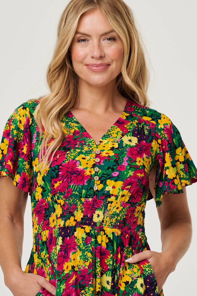 Floral Shirred Short Sleeve Midi Dress