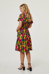 Floral Shirred Short Sleeve Midi Dress