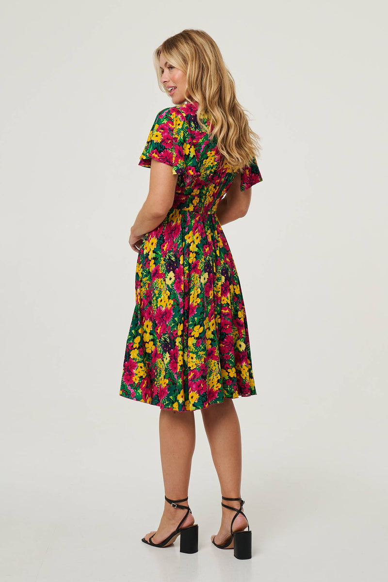 Floral Shirred Short Sleeve Midi Dress