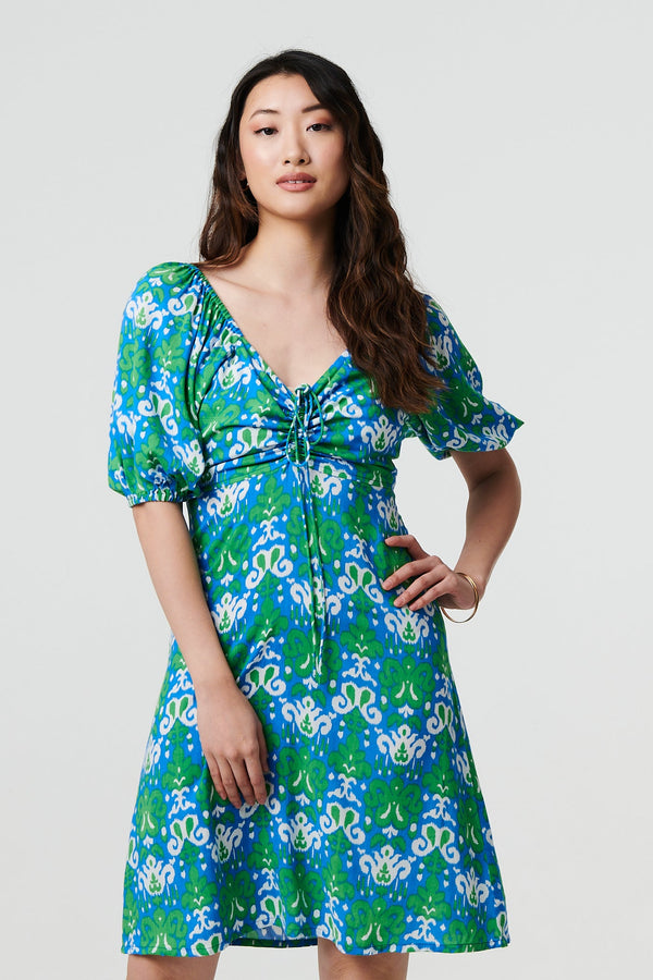 Printed Tie Bardot Neck Short Dress