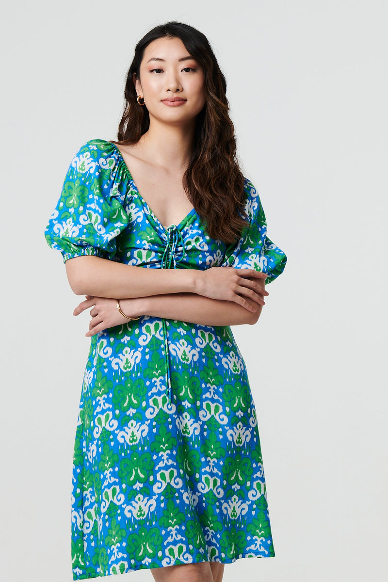 Printed Tie Bardot Neck Short Dress