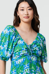 Printed Tie Bardot Neck Short Dress