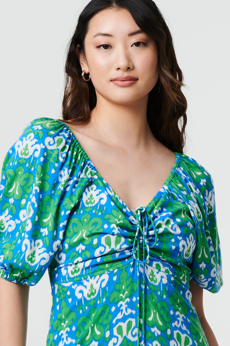 Printed Tie Bardot Neck Short Dress