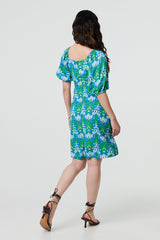 Printed Tie Bardot Neck Short Dress