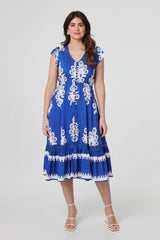 Ikat Print Cap Sleeve Lace Midi Dress