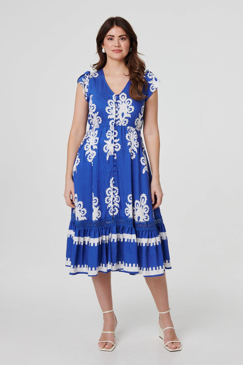 Ikat Print Cap Sleeve Lace Midi Dress