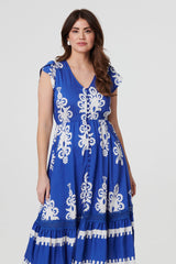 Ikat Print Cap Sleeve Lace Midi Dress