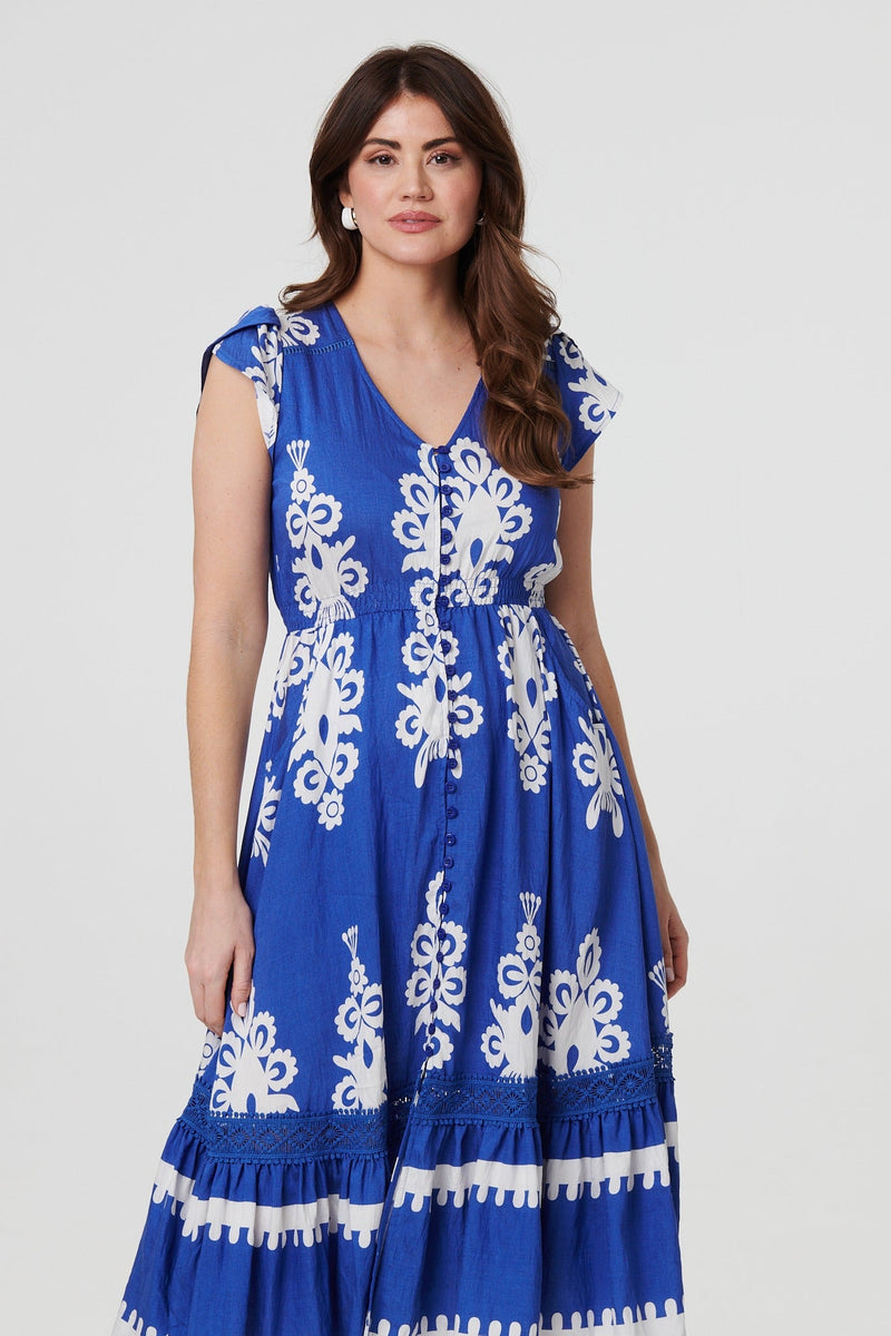 Ikat Print Cap Sleeve Lace Midi Dress