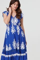 Ikat Print Cap Sleeve Lace Midi Dress