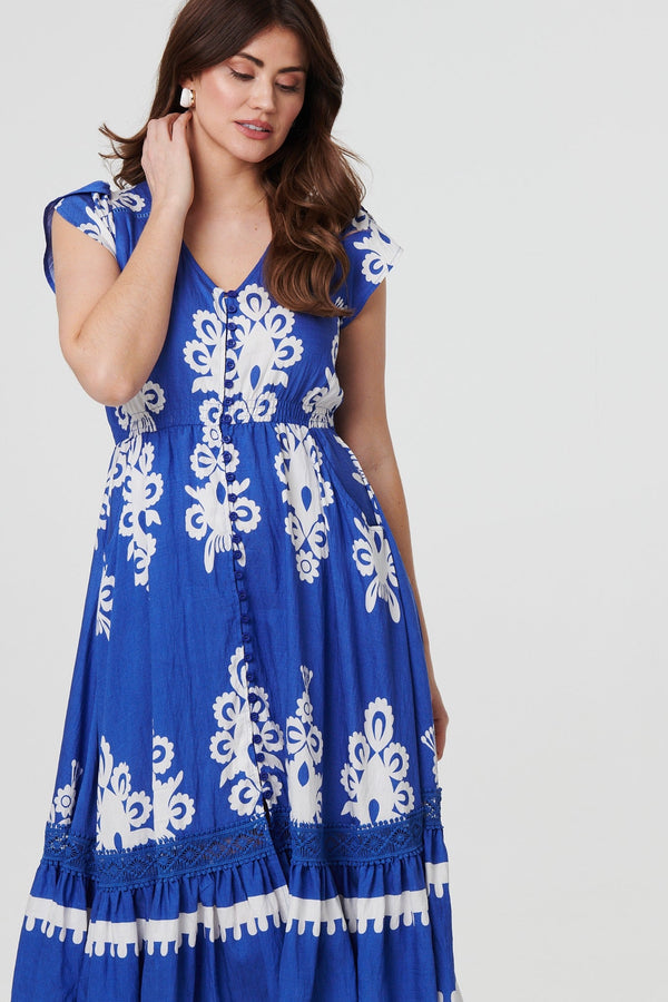 Ikat Print Cap Sleeve Lace Midi Dress