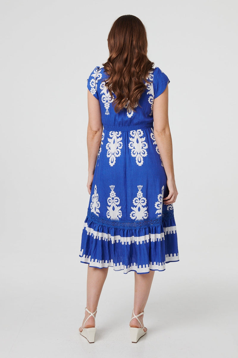 Ikat Print Cap Sleeve Lace Midi Dress