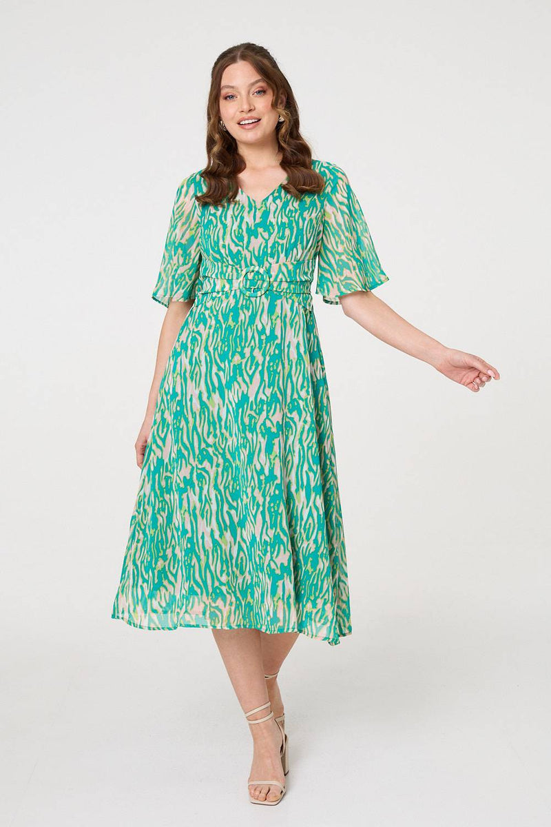 Printed 1/2 Sleeve Belt Waist Midi Dress