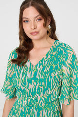 Printed 1/2 Sleeve Belt Waist Midi Dress